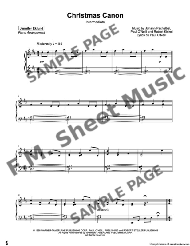 Christmas Canon Late Intermediate Piano By Trans Siberian Orchestra Fm Sheet Music Pop 